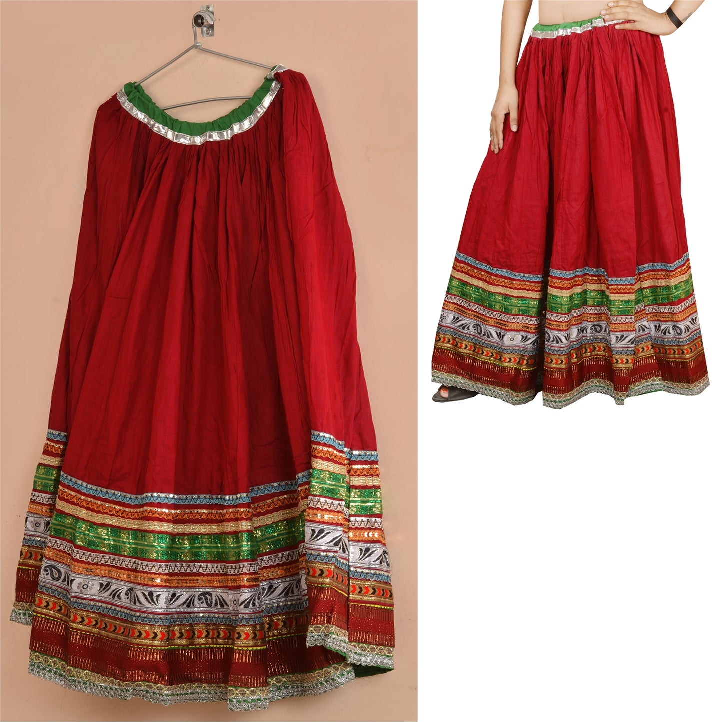 Sanskriti Maroon Cotton Embroidered Gopi Skirt | Long Party Wear Lehenga with Lace Work